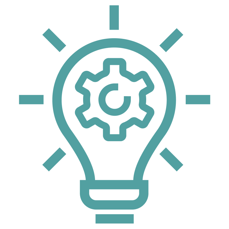 Icon of a lightbulb with a gear inside.