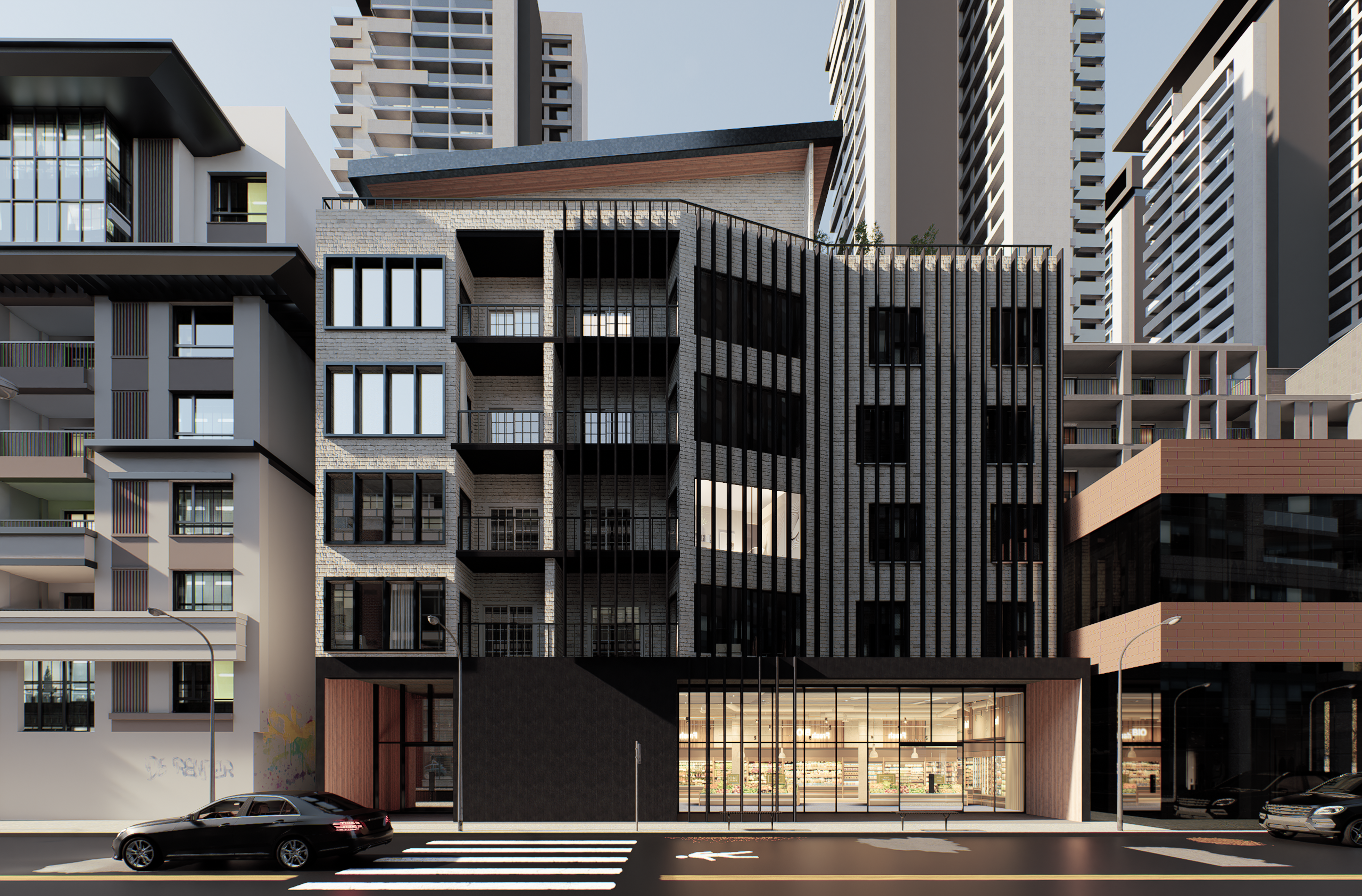 A render showing the street view of a modern apartment building facade.